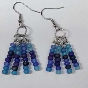 Frosted Blue Sea Glass Multi Strand Bead Earrings
